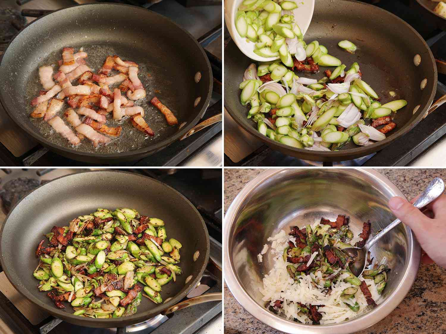 A four-image collage showing the stuffing for an omelette being prepared.