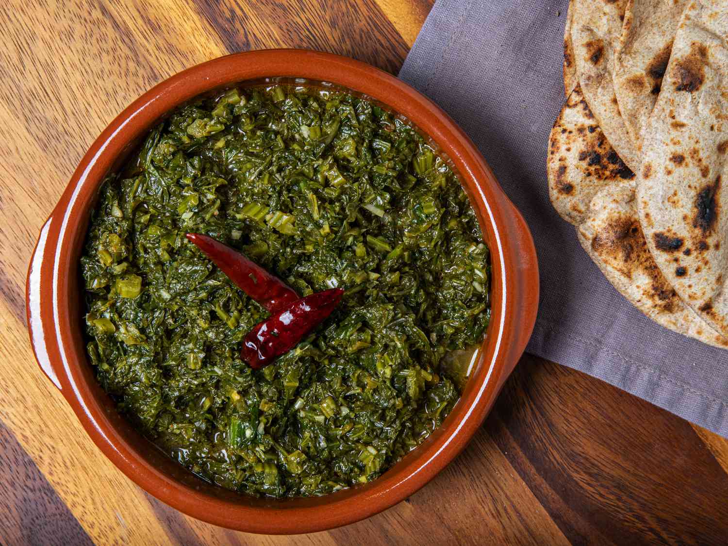 Overhead view of saag and roti