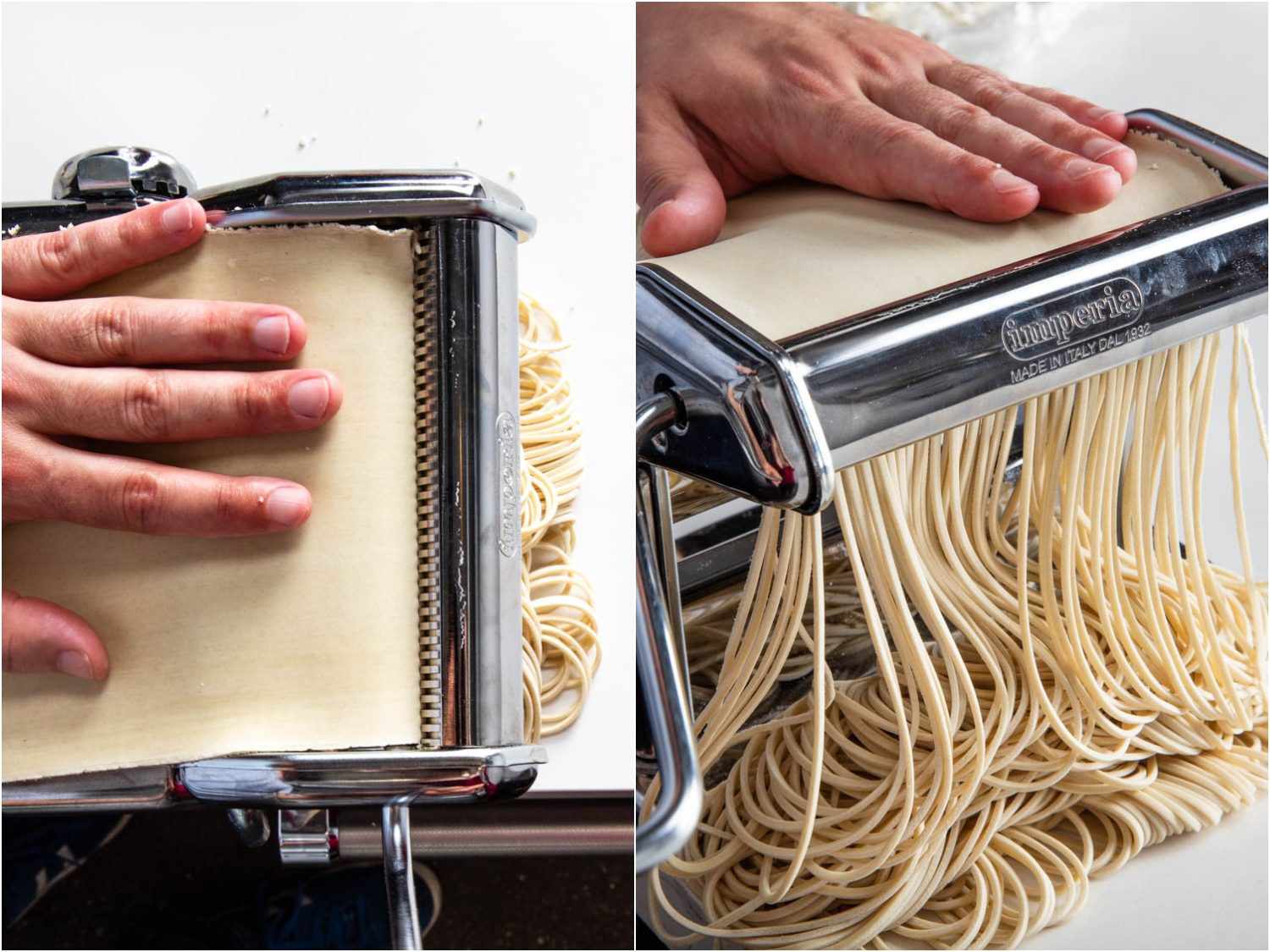 Collage of two photos showing overhead and side view of sheet of ramen dough being rolled through cutting attachment, with one hand firmly guiding the sheet into the cutter