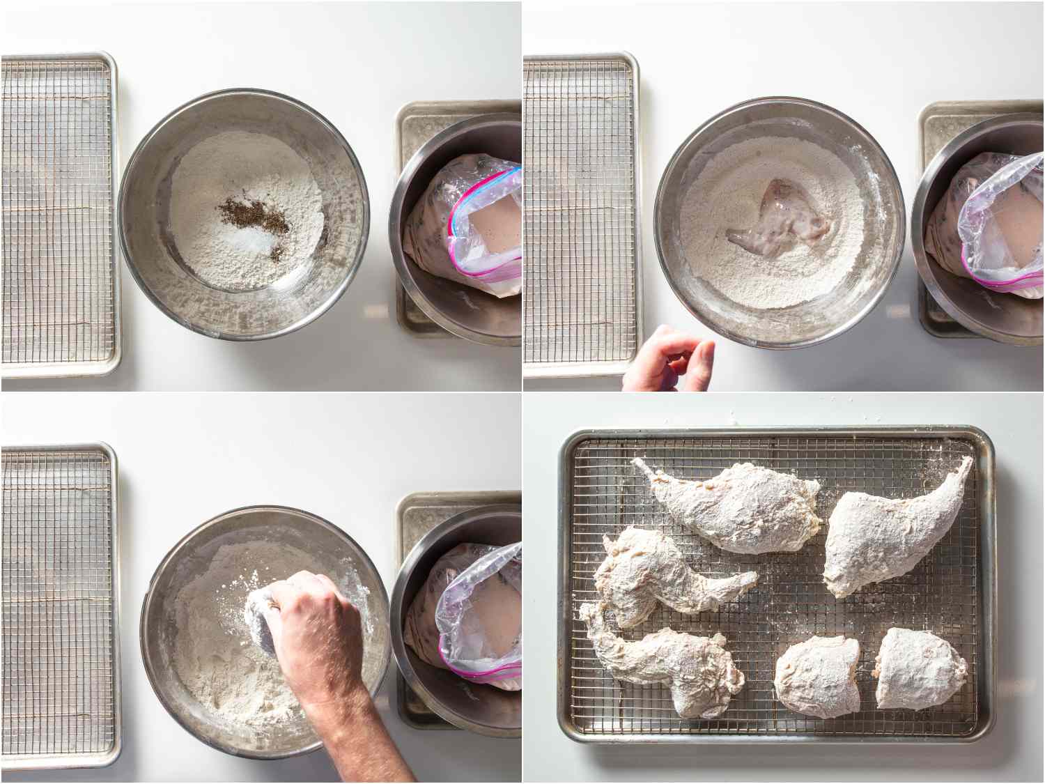 Collage of dredging process for buttermilk brined rabbit pieces 
