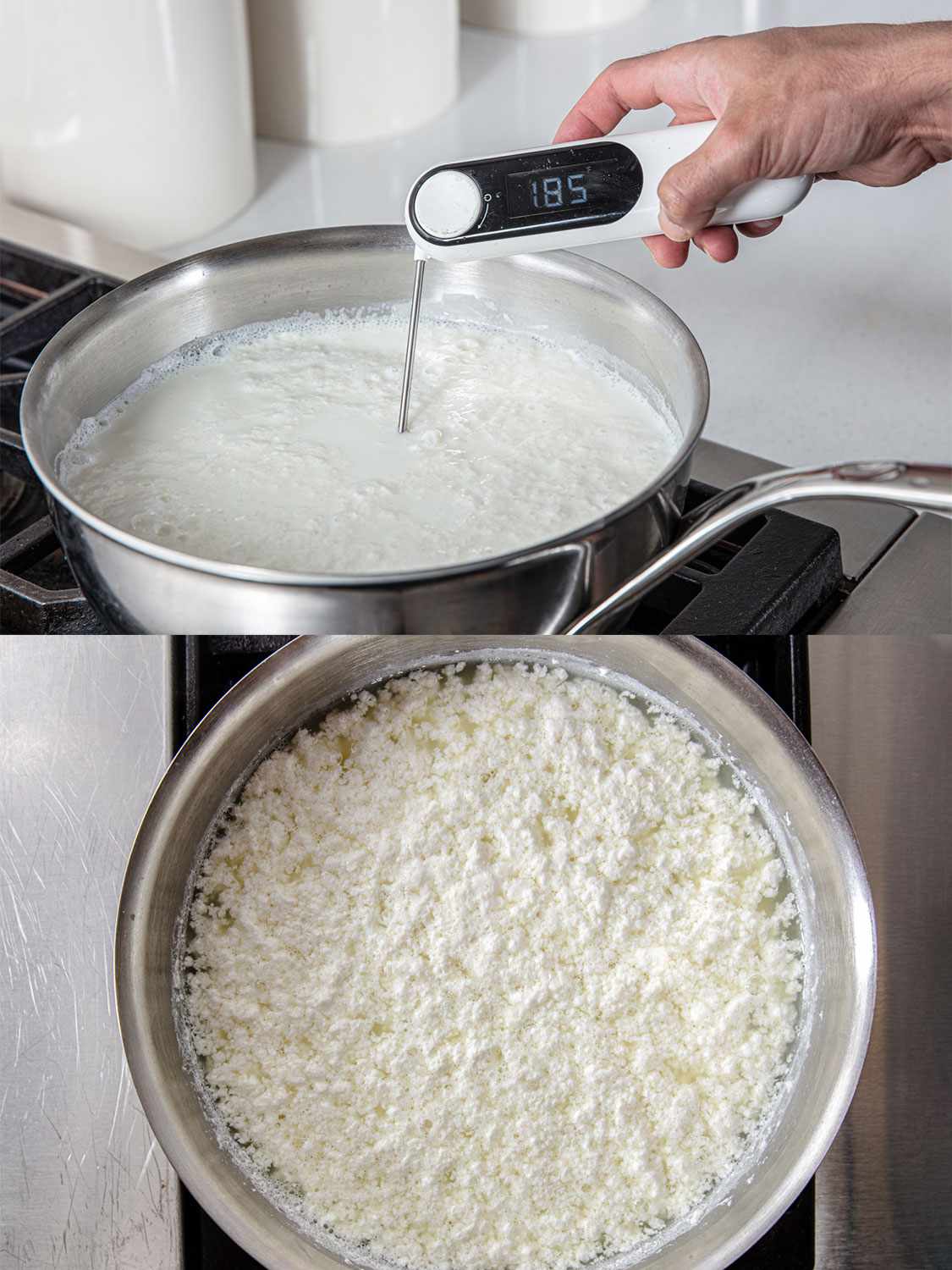 Two Image Collage. Top: A hand holding a thermometer that reads 185 degrees in a boiling bot of milk. Bottom: Overhead view of the pan showing newly formed milk curds