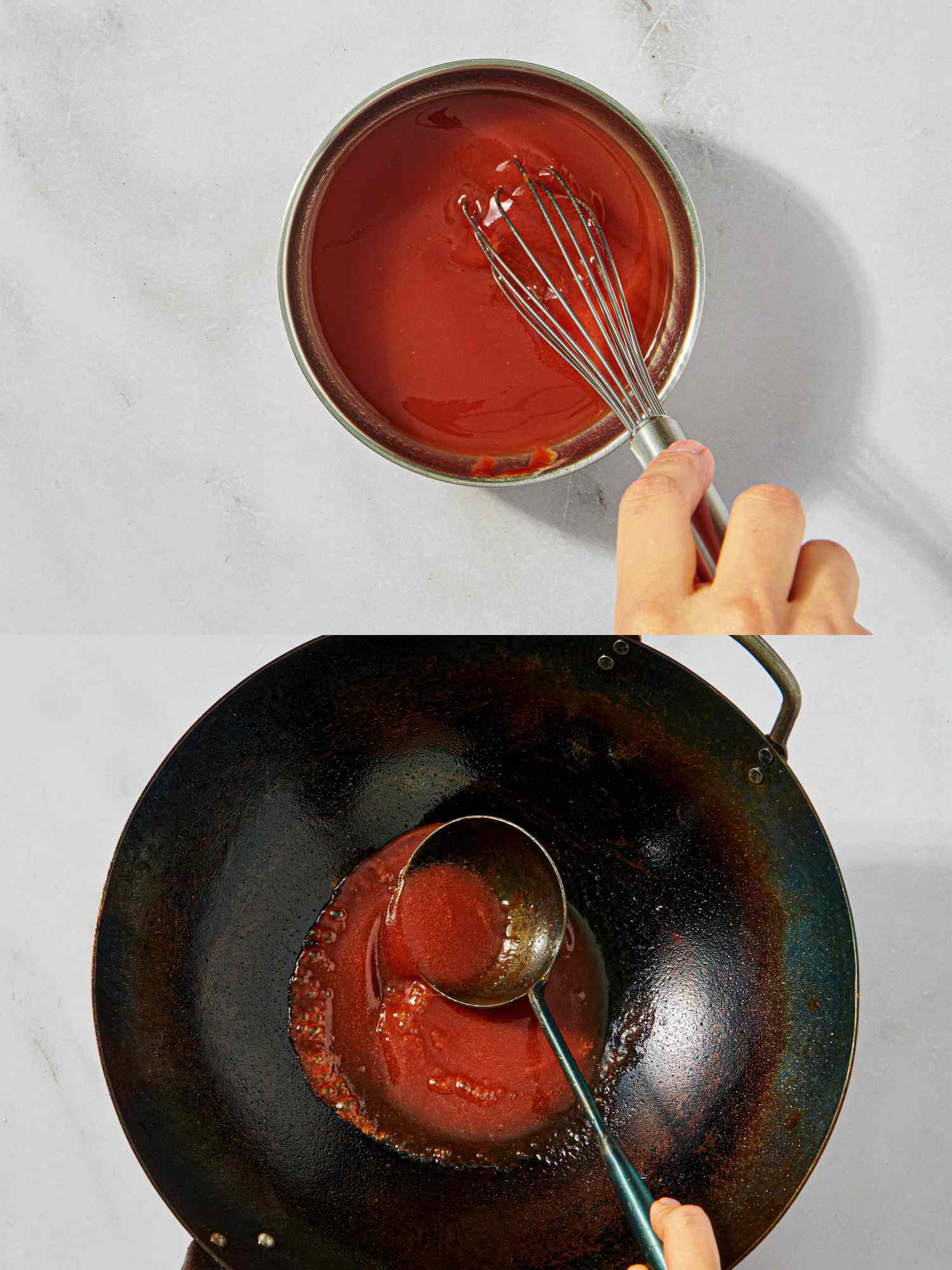 A hand whisking sauce in a pot and ladling it into a wok