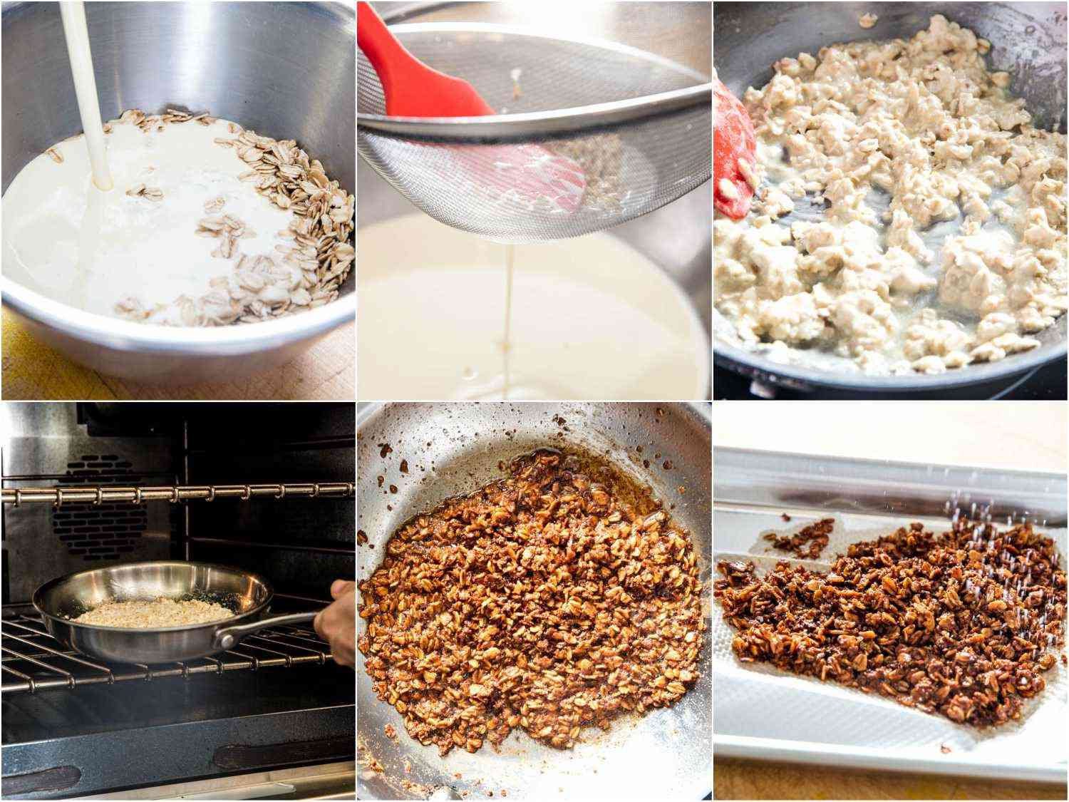 A 6-image collage showing the process of soaking, straining, and baking oats in a skillet until brown and sprinkling salt on the oats.