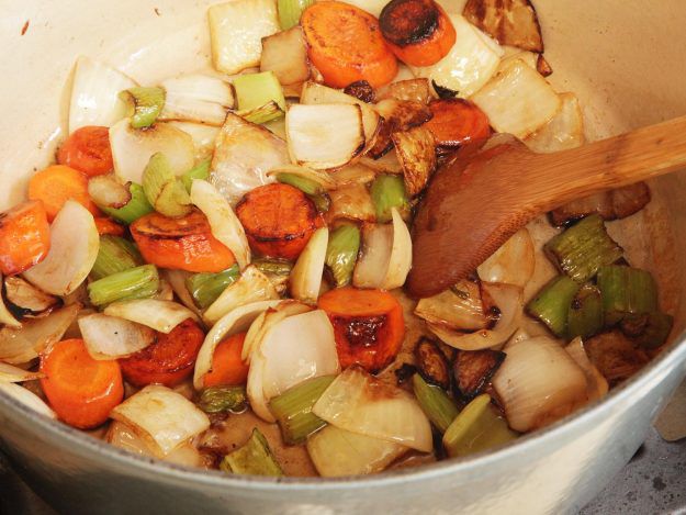 Browned mirepoix for red wine jus.