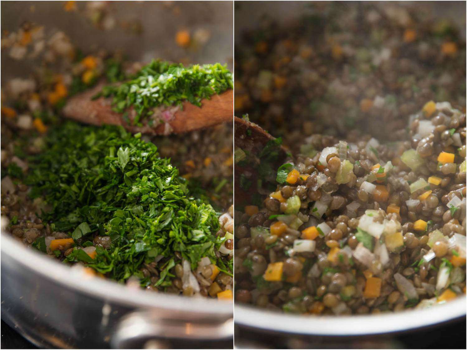 Side by side images showing stirring chopped parsley into a pan of easy French lentils and mixing them well.