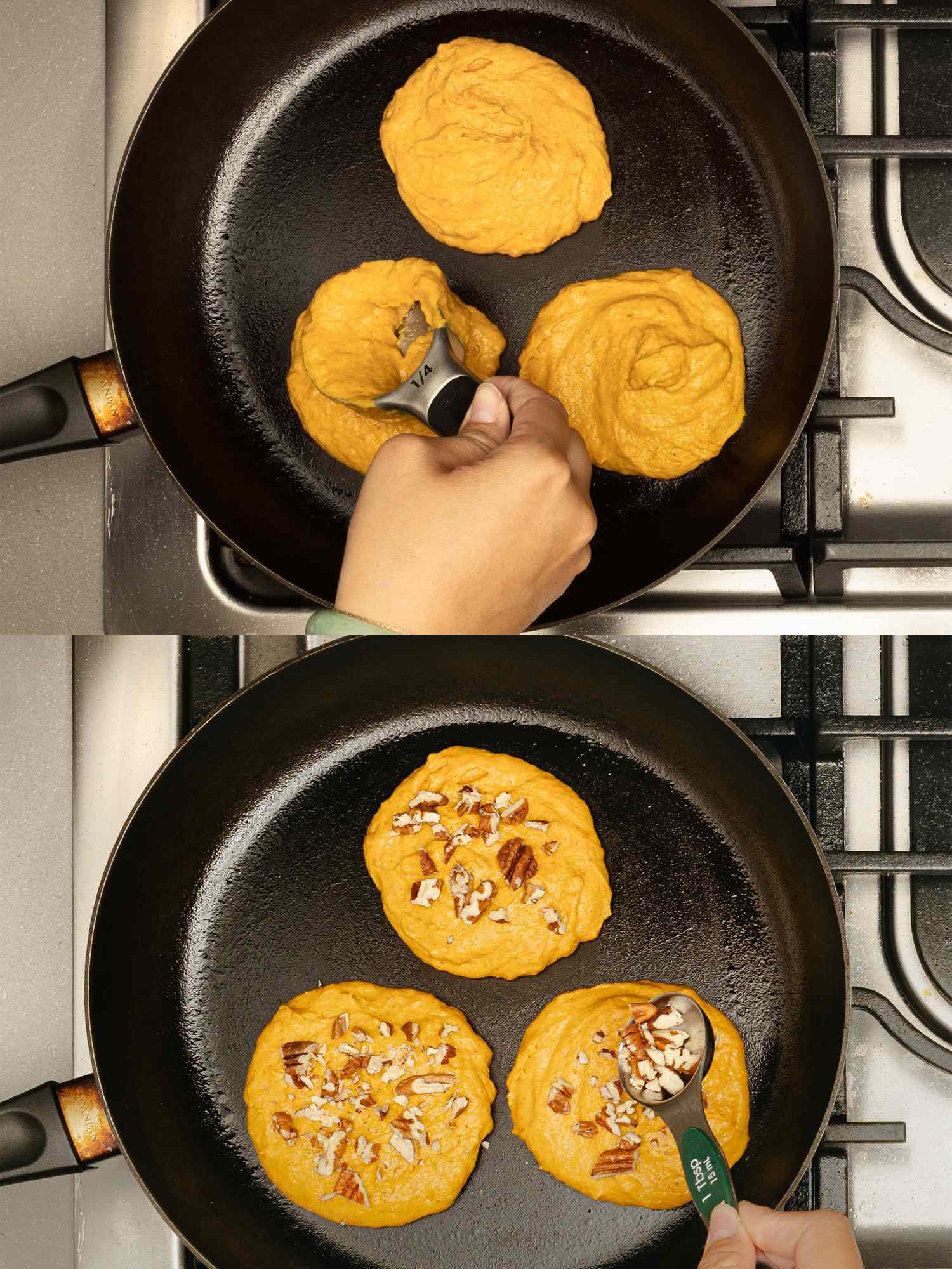 Cooking process of pumpkin pecan pancakes in a skillet batter being spread in one frame and pecan pieces being added in another