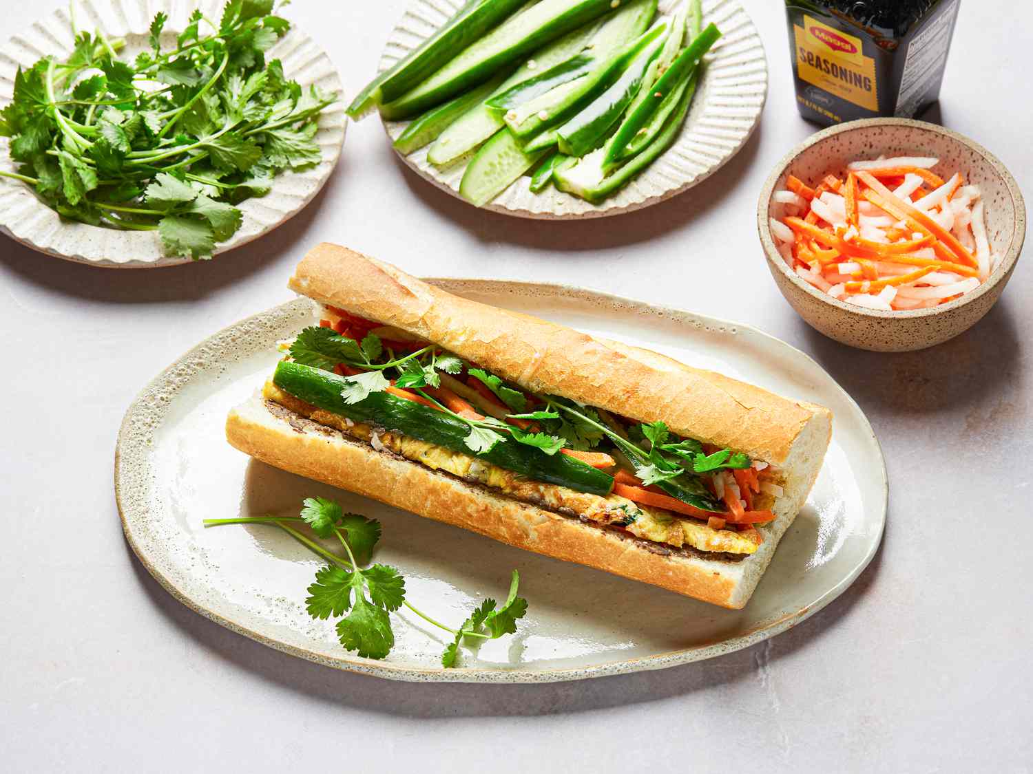 Side view of egg and pate banh mi