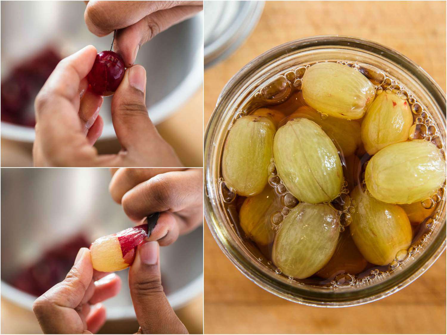 A collage of 3 images: The top left image shows author holding a knife about to cut into a grape. The bottom left image shows author peeling the skin of a grape with the knife. The right image shows peeled grapes pickling in a jar. 