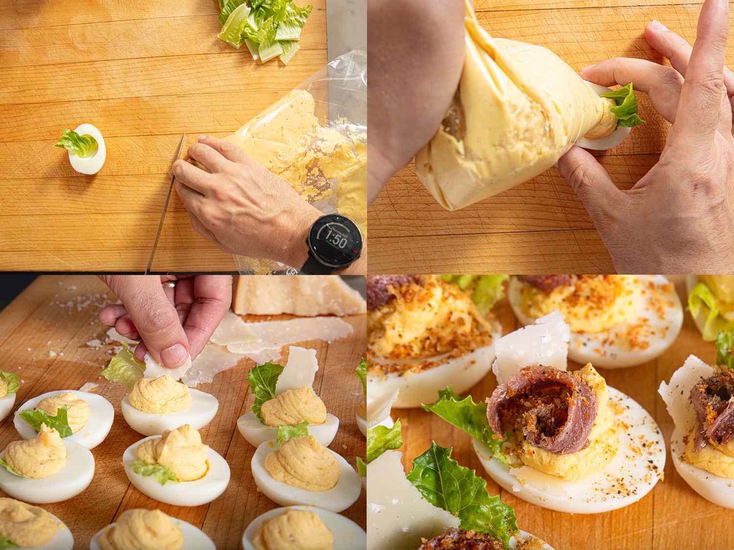 Four image collage of building deviled eggs