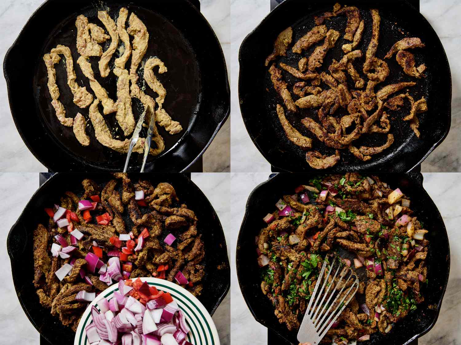 Four stages of preparing beef shawarma in a cast iron pan showing raw meat cooked meat added vegetables and the final mixture