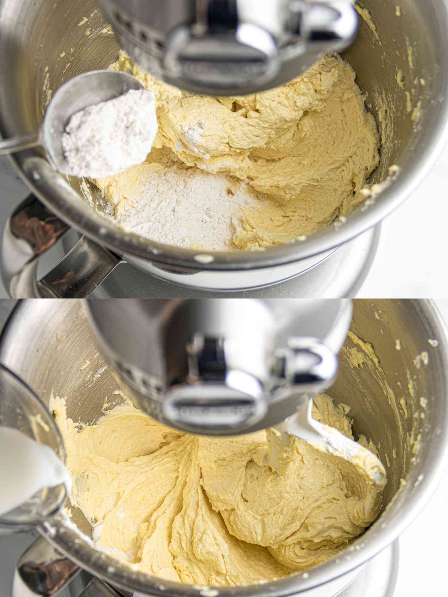 Batter mixing in a stand mixer, flour and milk being added in separate steps.