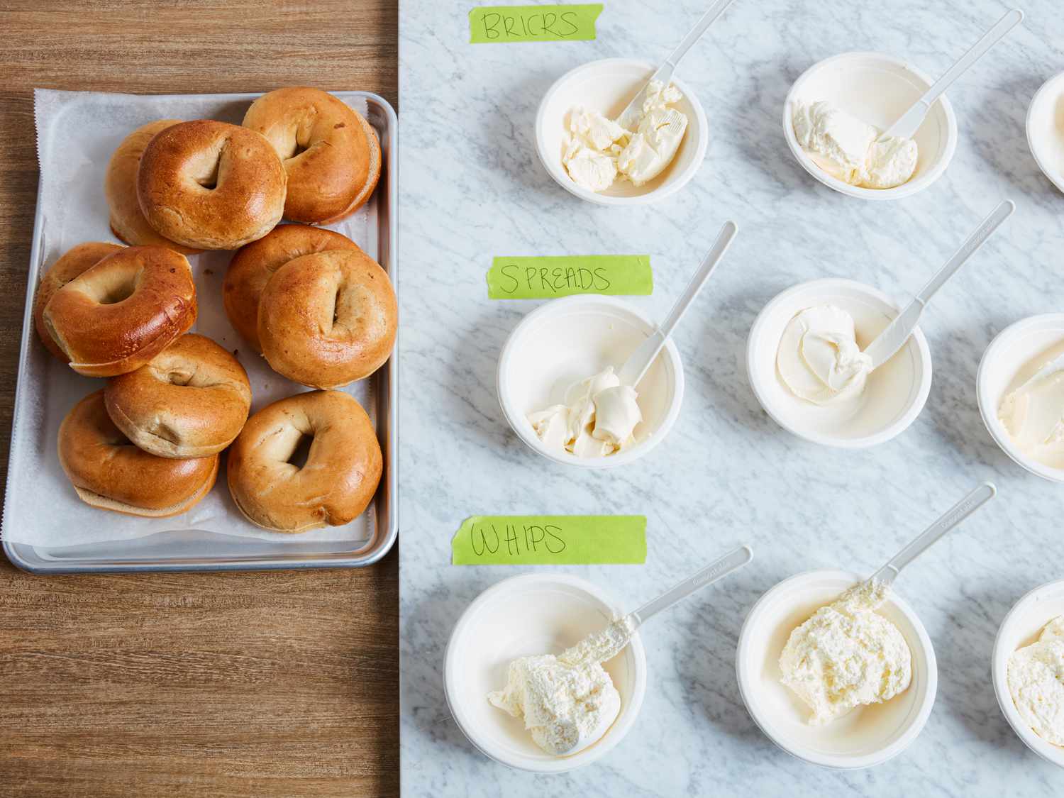 Plain bagels and miscellaneous cream cheeses.