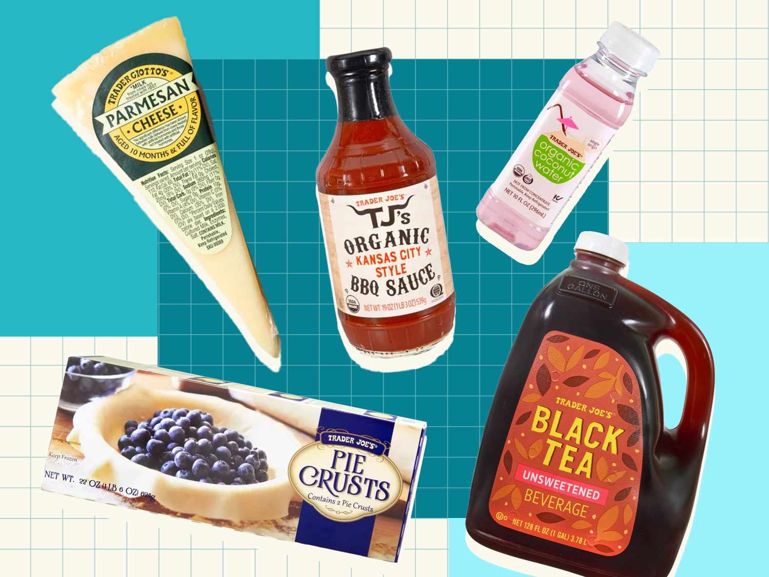 A selection of Trader Joes products including Parmesan cheese barbeque sauce pie crusts black tea and a bottled beverage