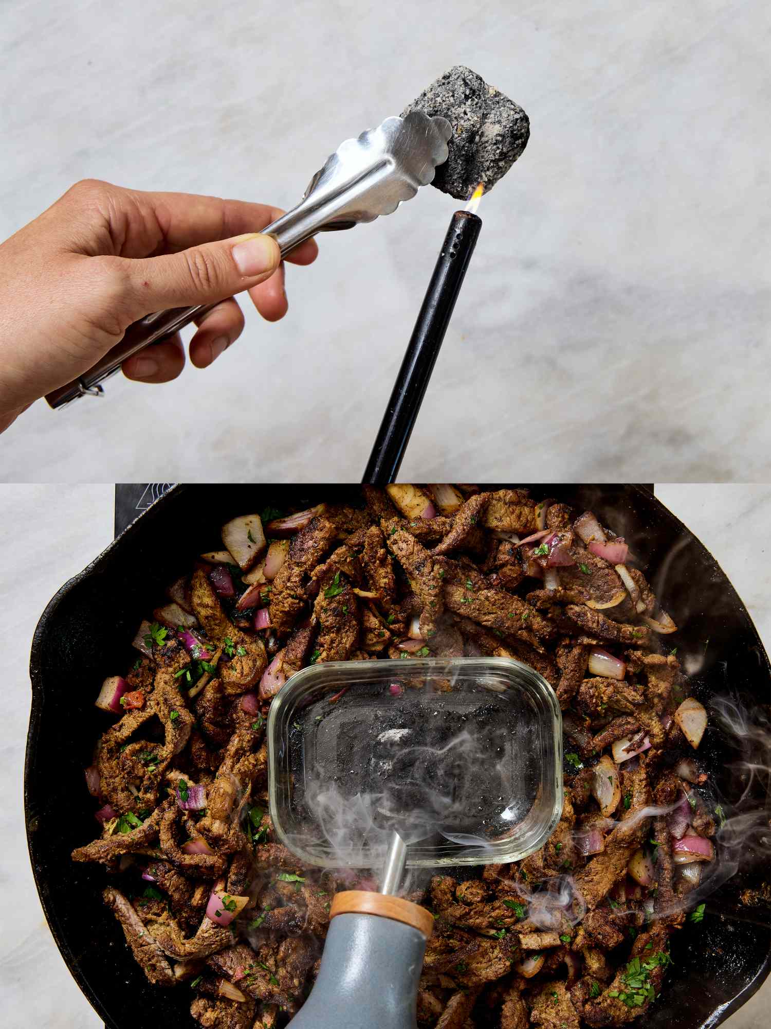 Twopart image showing food preparation with a smoking block placed in a skillet and a dish of cooked ingredients below