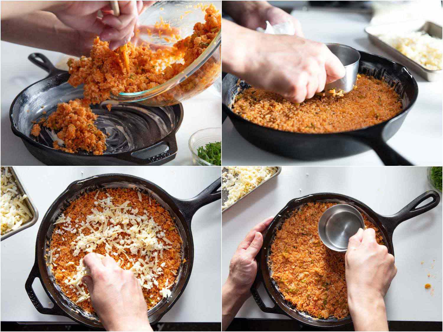 A collage of assembling the skillet rice: transferring half the rice to a buttered skillet, pressing it down evenly with the bottom of a measuring cup, sprinkling cheese on top of the rice, and adding the rest of the rice on top and pressing down evenly with a measuring cup.