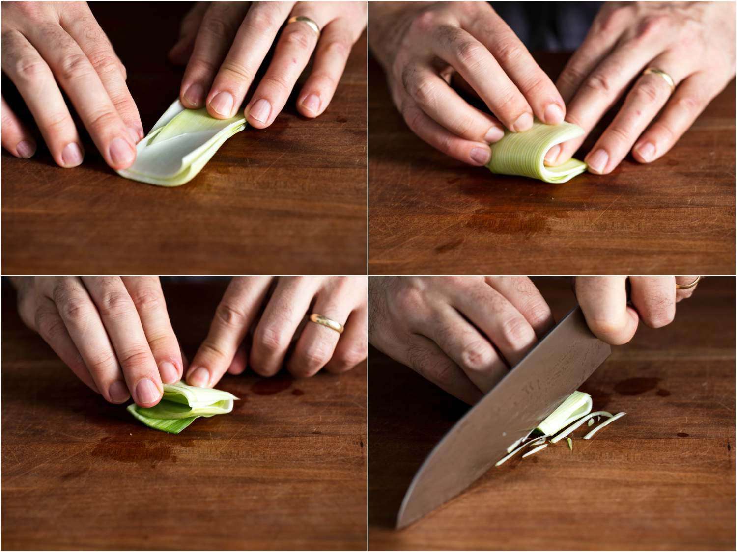 Collage of four photos showing leeks being julienned: stacking layers of leek, folding them over, then thinly slicing into strips