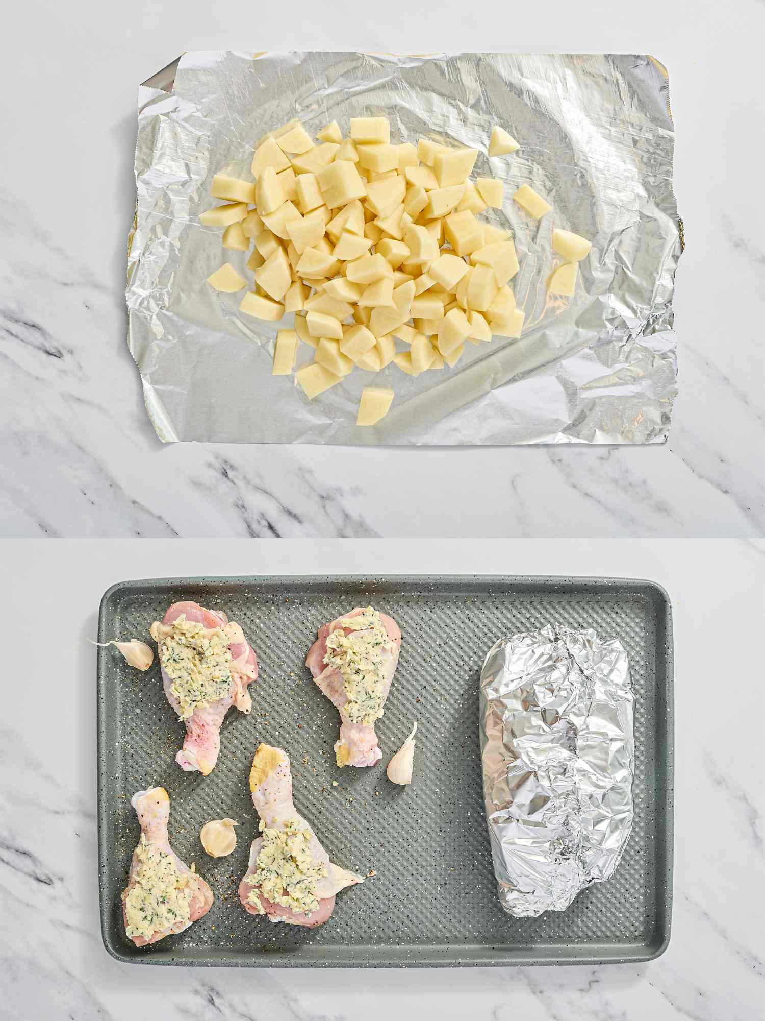 Preparation of chicken drumsticks and potatoes with seasoned chicken pieces and diced potatoes ready for cooking on a baking tray