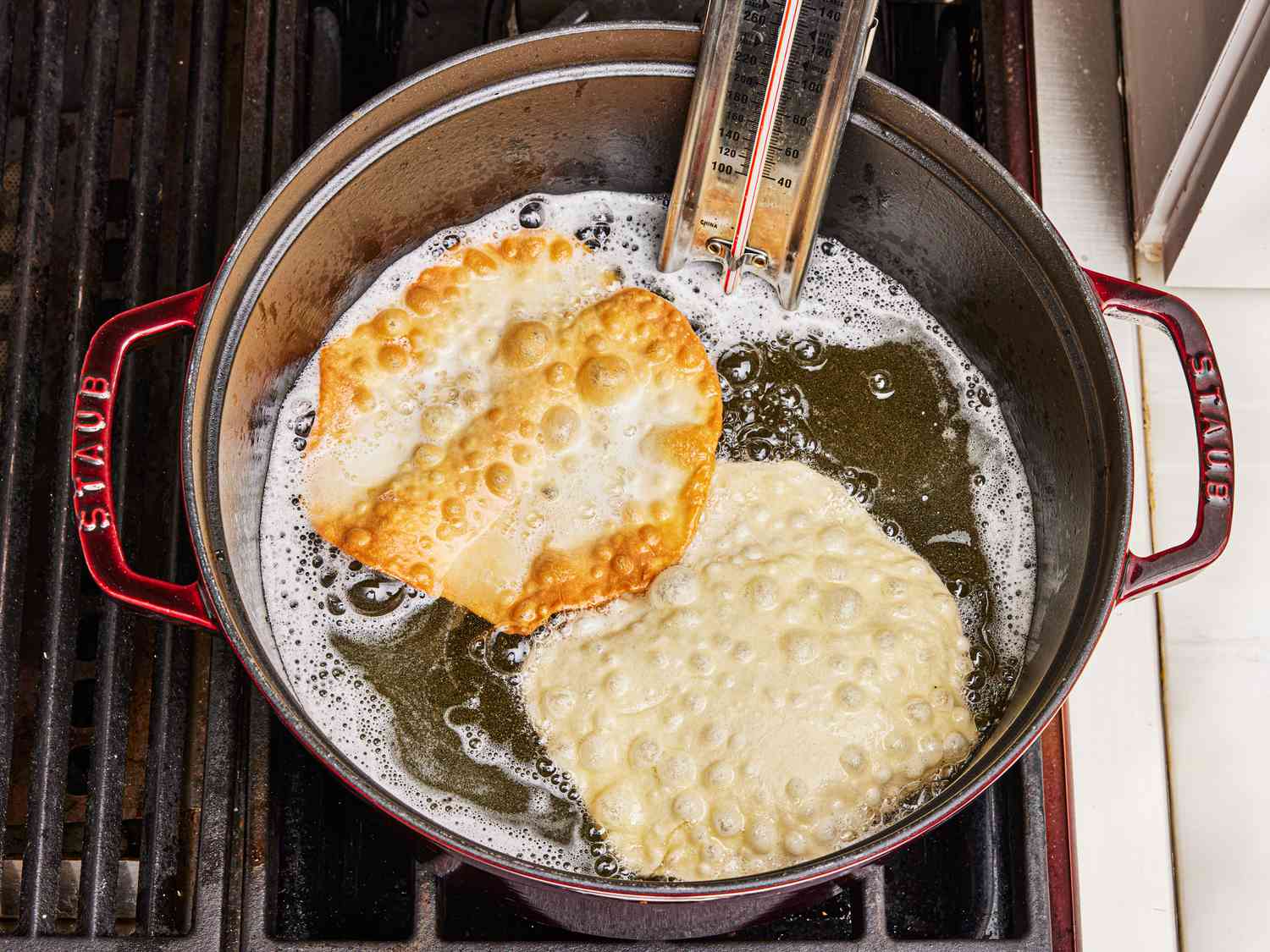 Overhead view of frying bunuelos