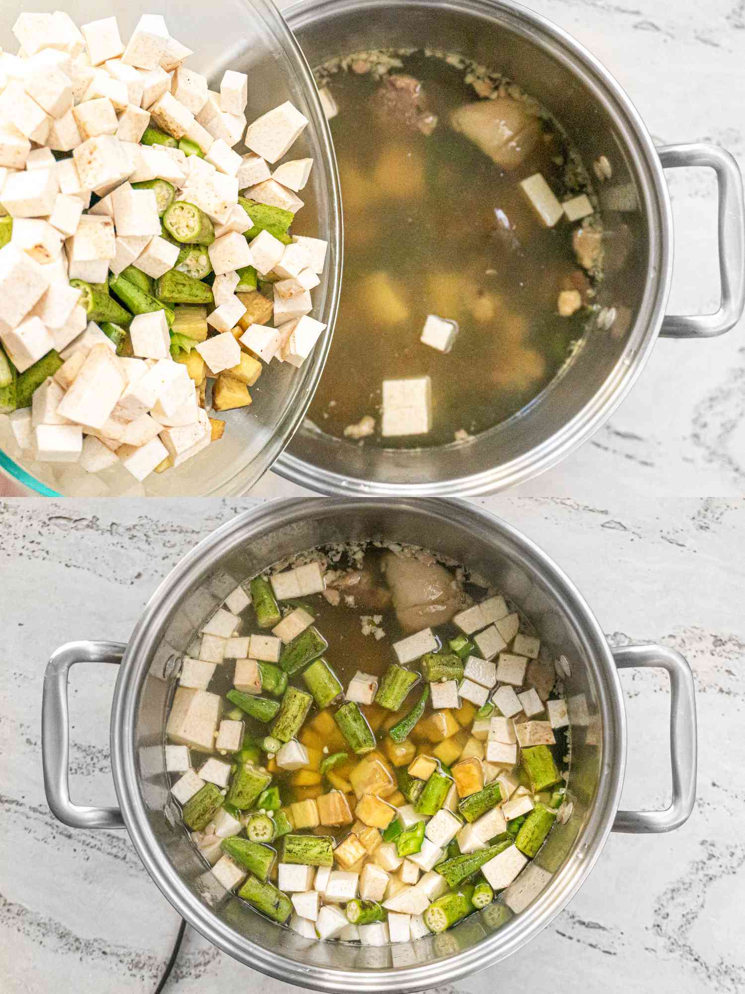 Two image collage of adding yam, coco, okra, and green pepper t