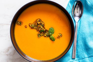 Overhead photo of sweet potato soup in a bowl.