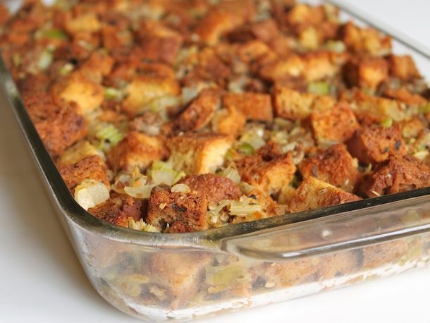 Gluten-free stuffing in a baking dish. 