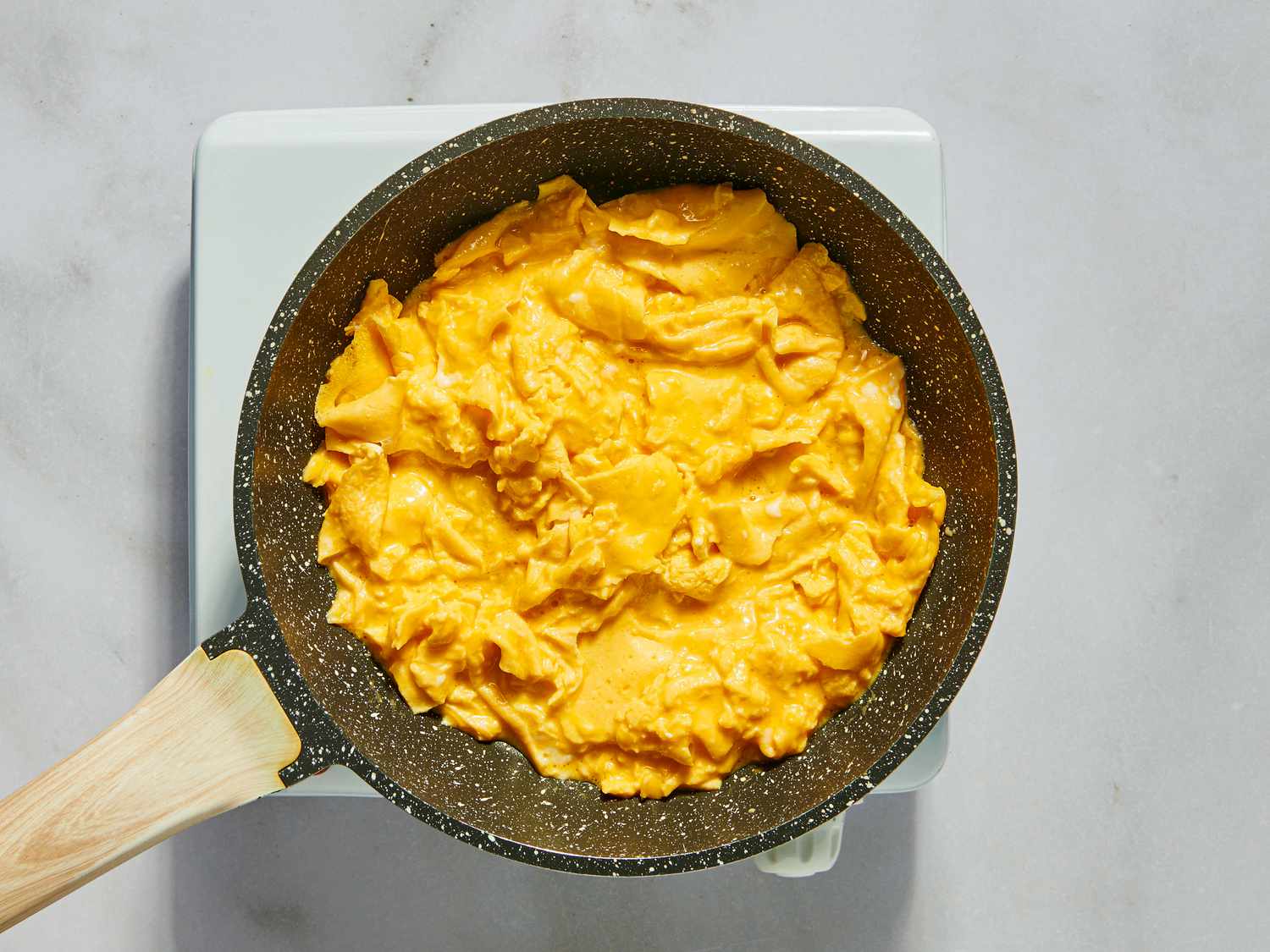 Overhead view of cooking eggs