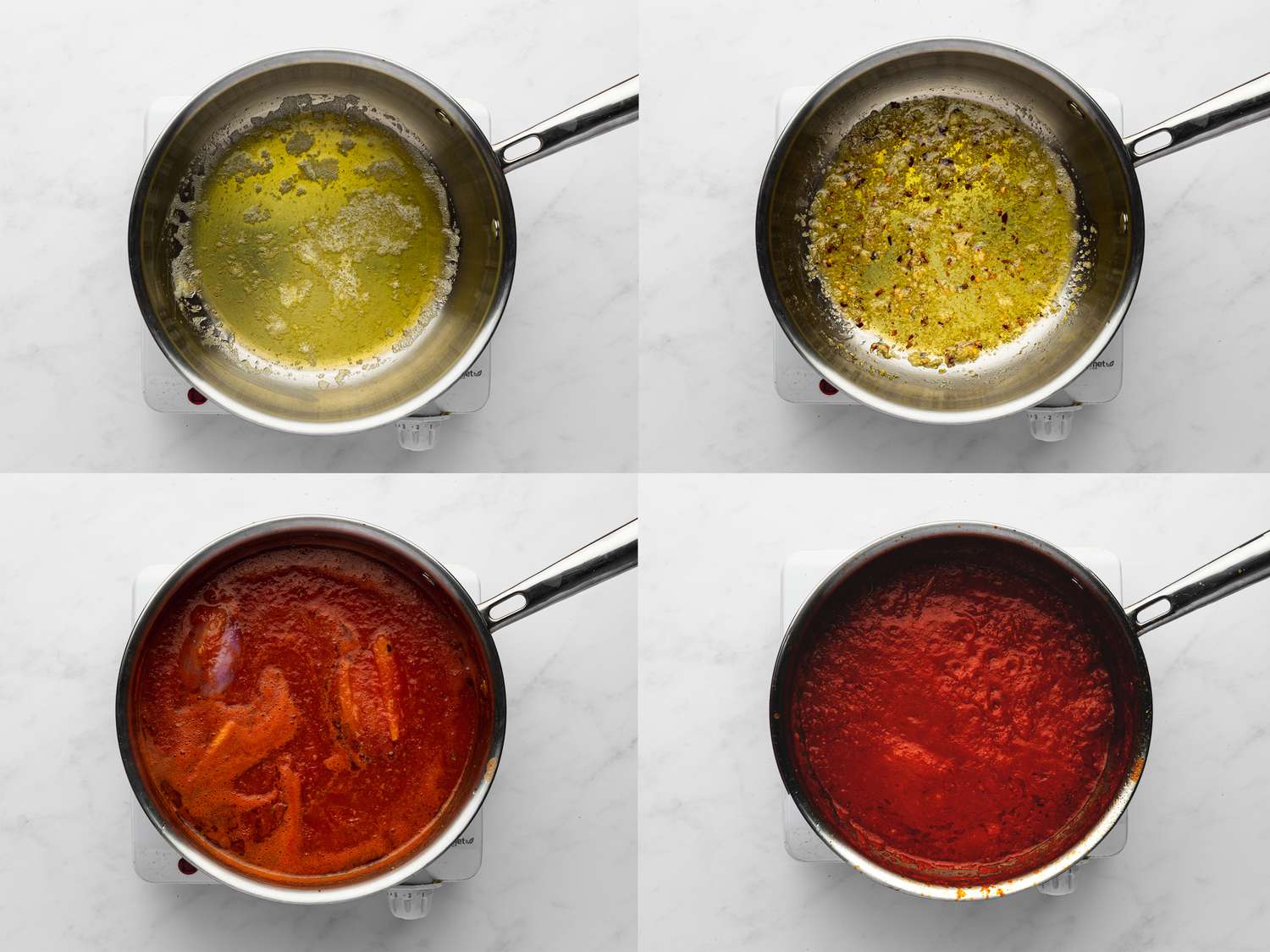 Four image collage of making tomato sauce with onions, oil, and tomatos