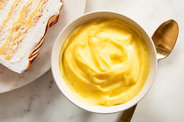 Overhead view of lemon curd in a bowl