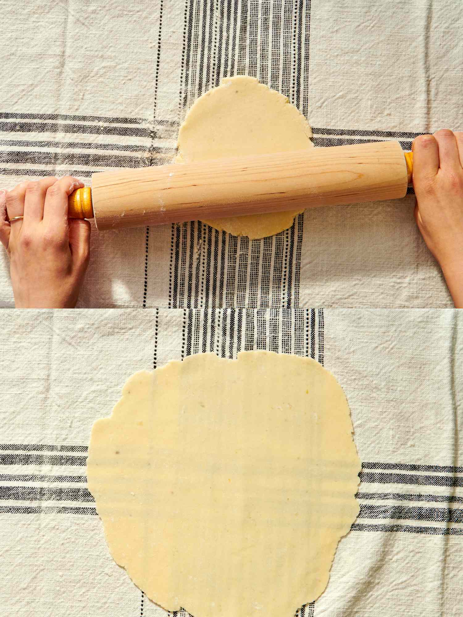 Hands rolling out dough with a rolling pin on a patterned surface dough prepared and flattened