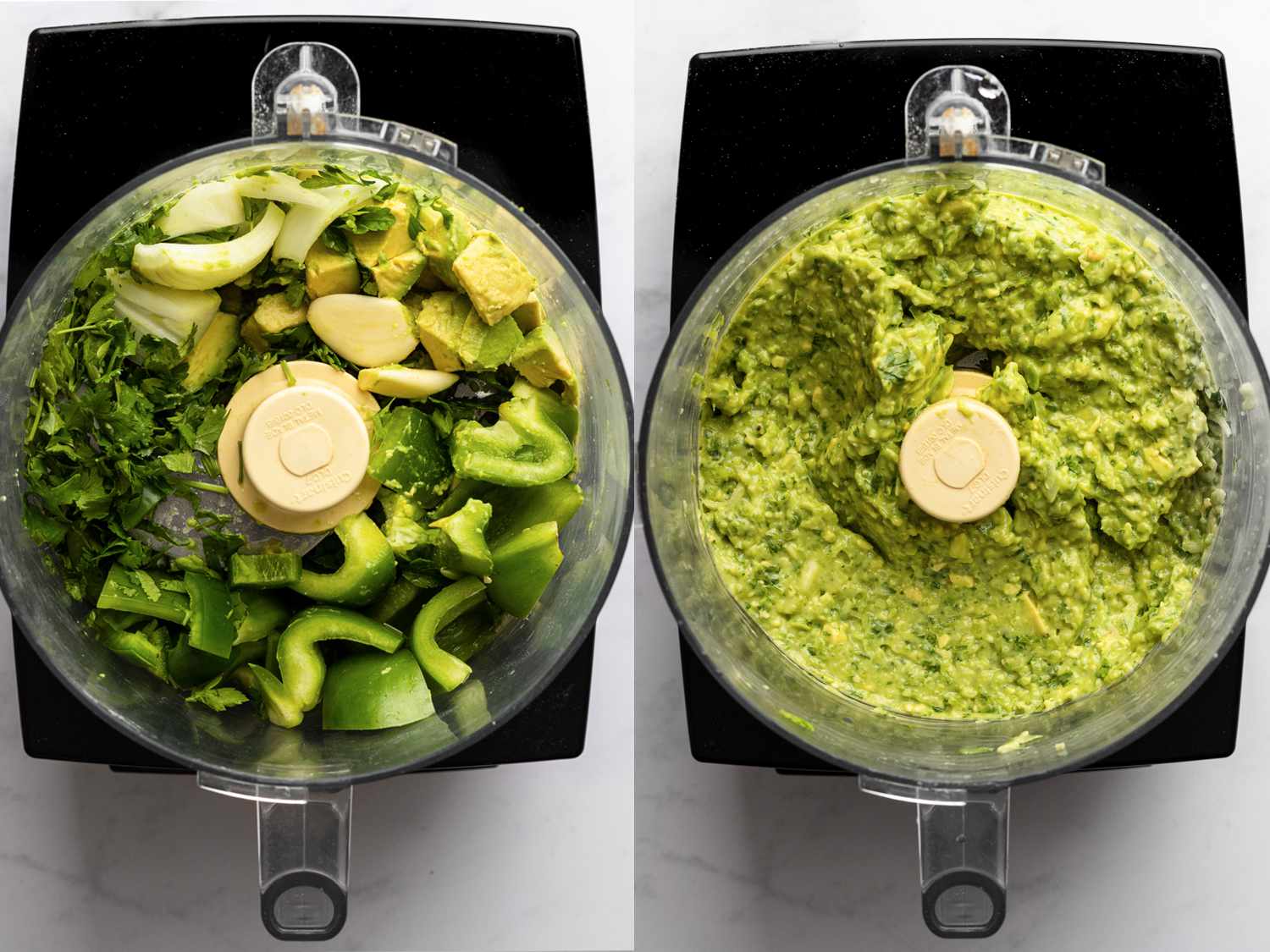 A two-image collage. The left image shows the chopped vegetables inside of a food processor, and the right image shows all of the ingredients processed together into a thick puree.