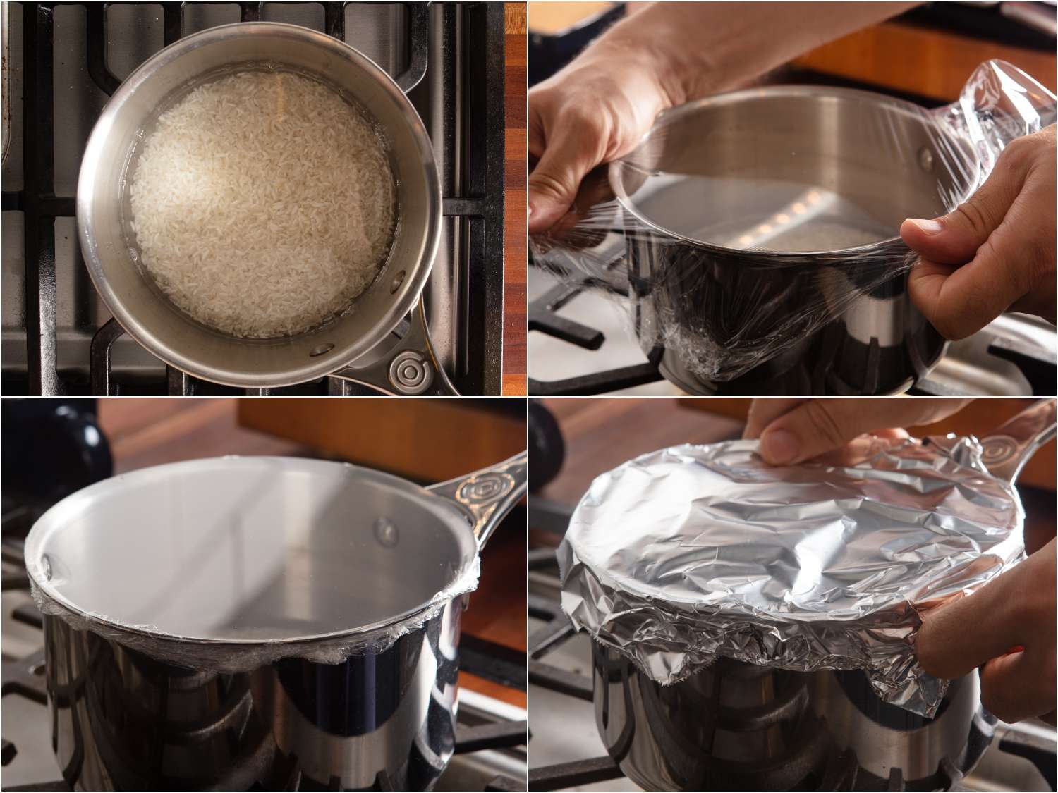 collage: a pot with white rice and water; applying plastic wrap tightly to pot; showing how tight and unwrinkled the plastic wrap is; covering tightly with aluminum foil