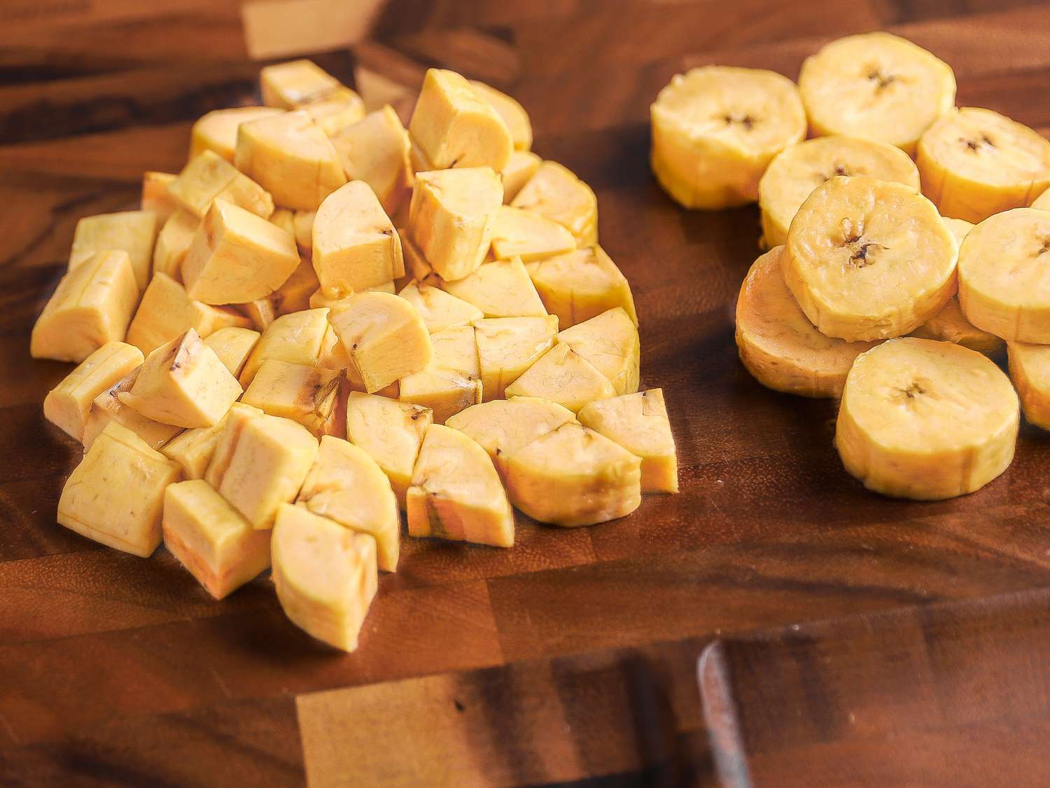 Close-up image of plantains diced and cut into slices