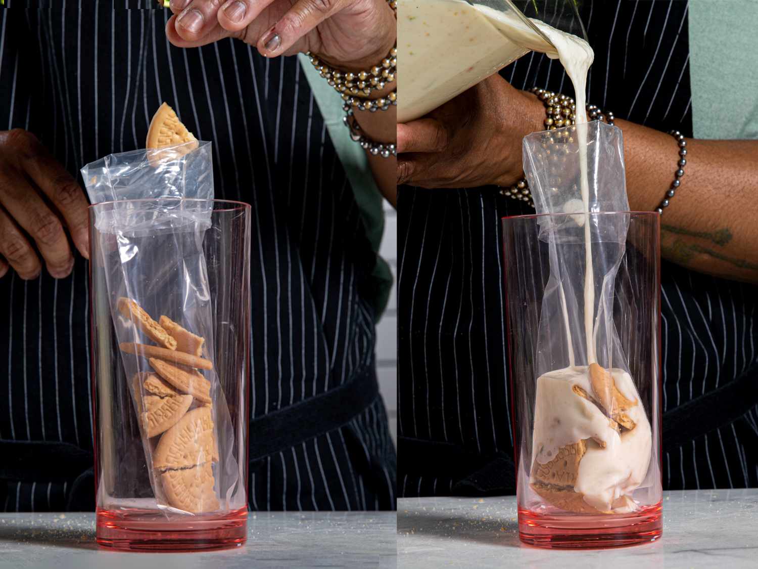 Two Image Collage showing broken cookie and mixture being added to the boli bag