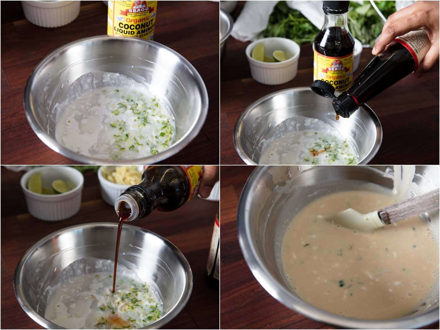 Combining coconut cream, coconut aminos, fish sauce, Thai chili, and lime into dipping sauce