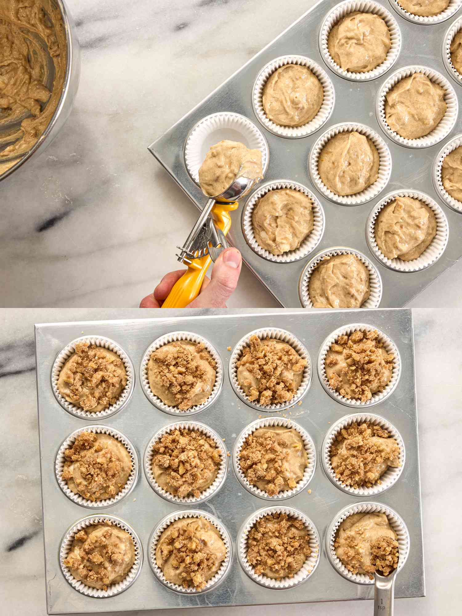 2 image collage. Top: scooping muffin batter into prepared tins. Bottom: adding walnut streusel on top of batter in tins