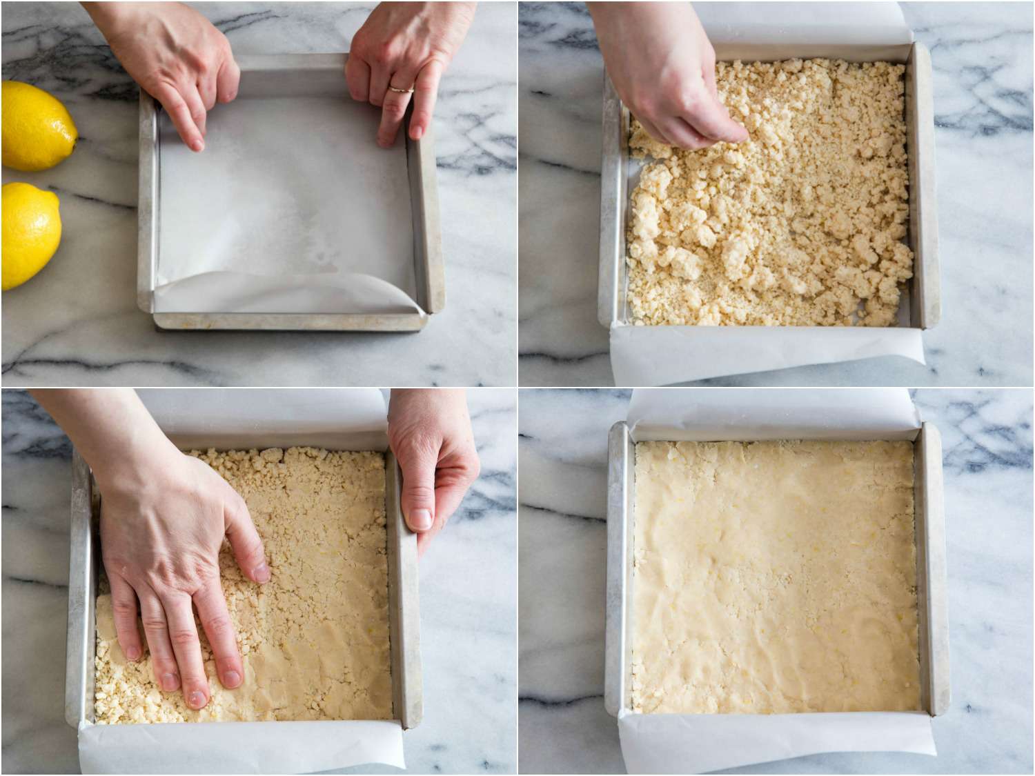 Photo collage showing lining baking pan with parchment, adding lemon bar crust to pan, and pressing crust into even layer.