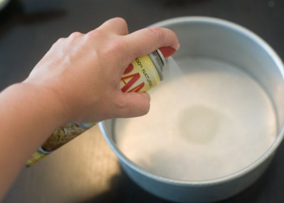 greasing cake pan with nonstick cooking spray