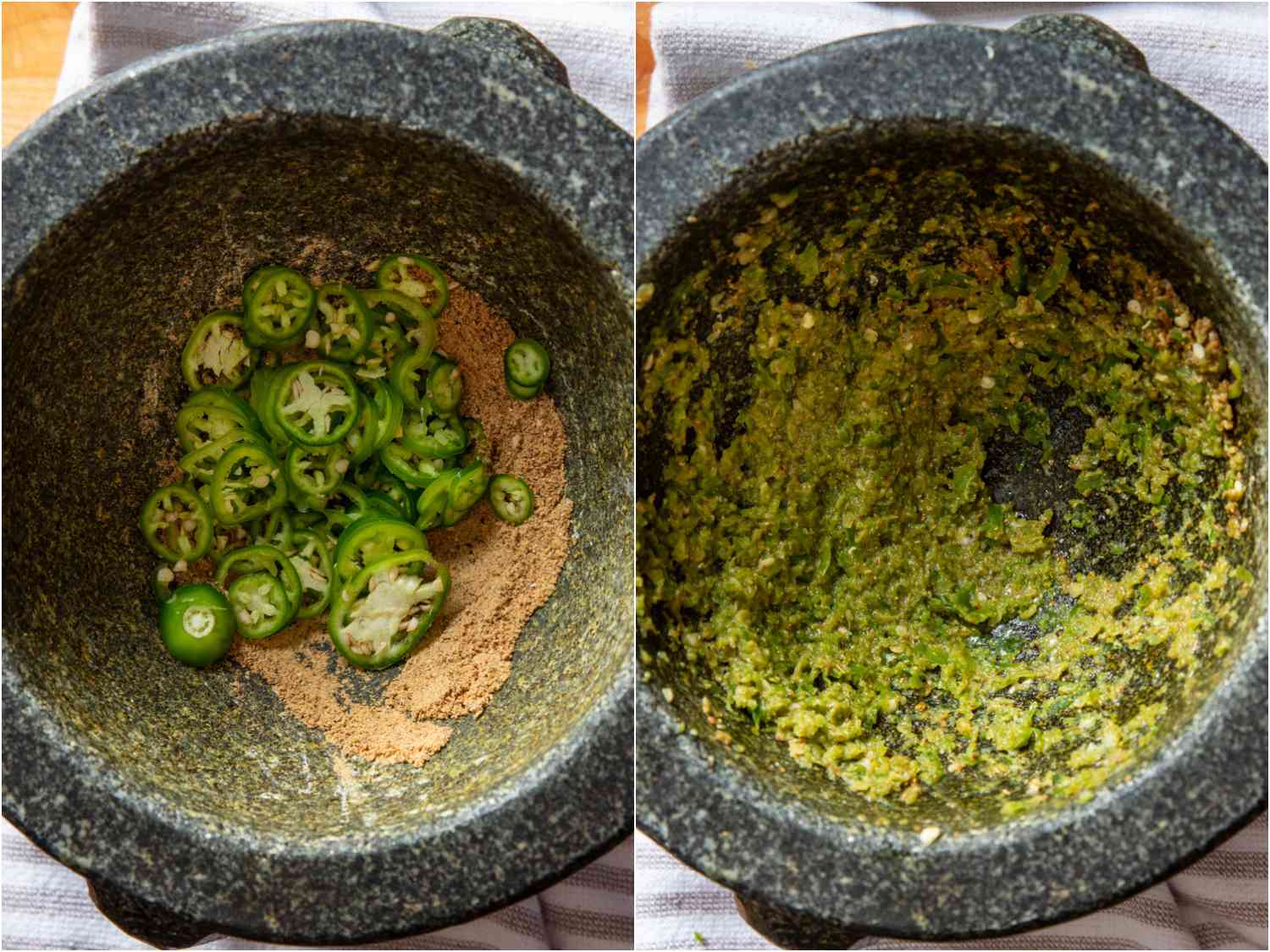 collage: serrano chiles added to mortar; pounded chiles