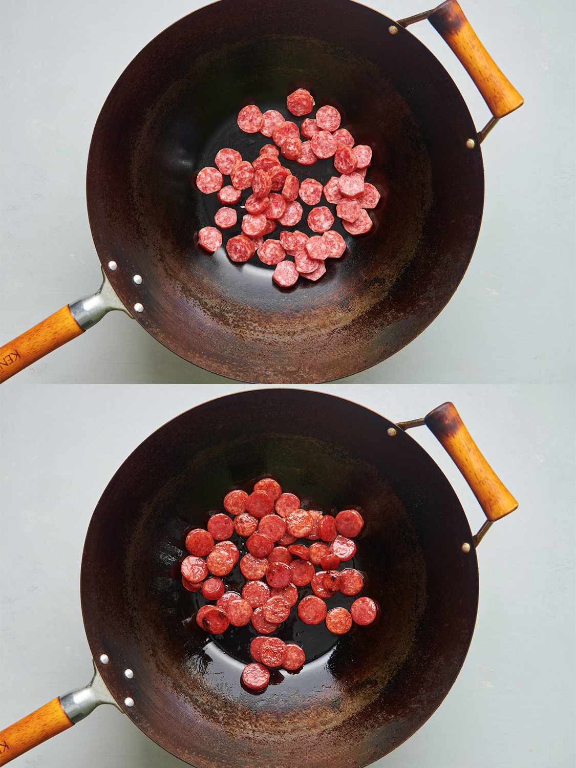 A two-image collage. The top image shows sliced Chinese sausage inside of a well-seasoned carbon steel wok. The bottom image shows the sausage now browned inside of the wok.