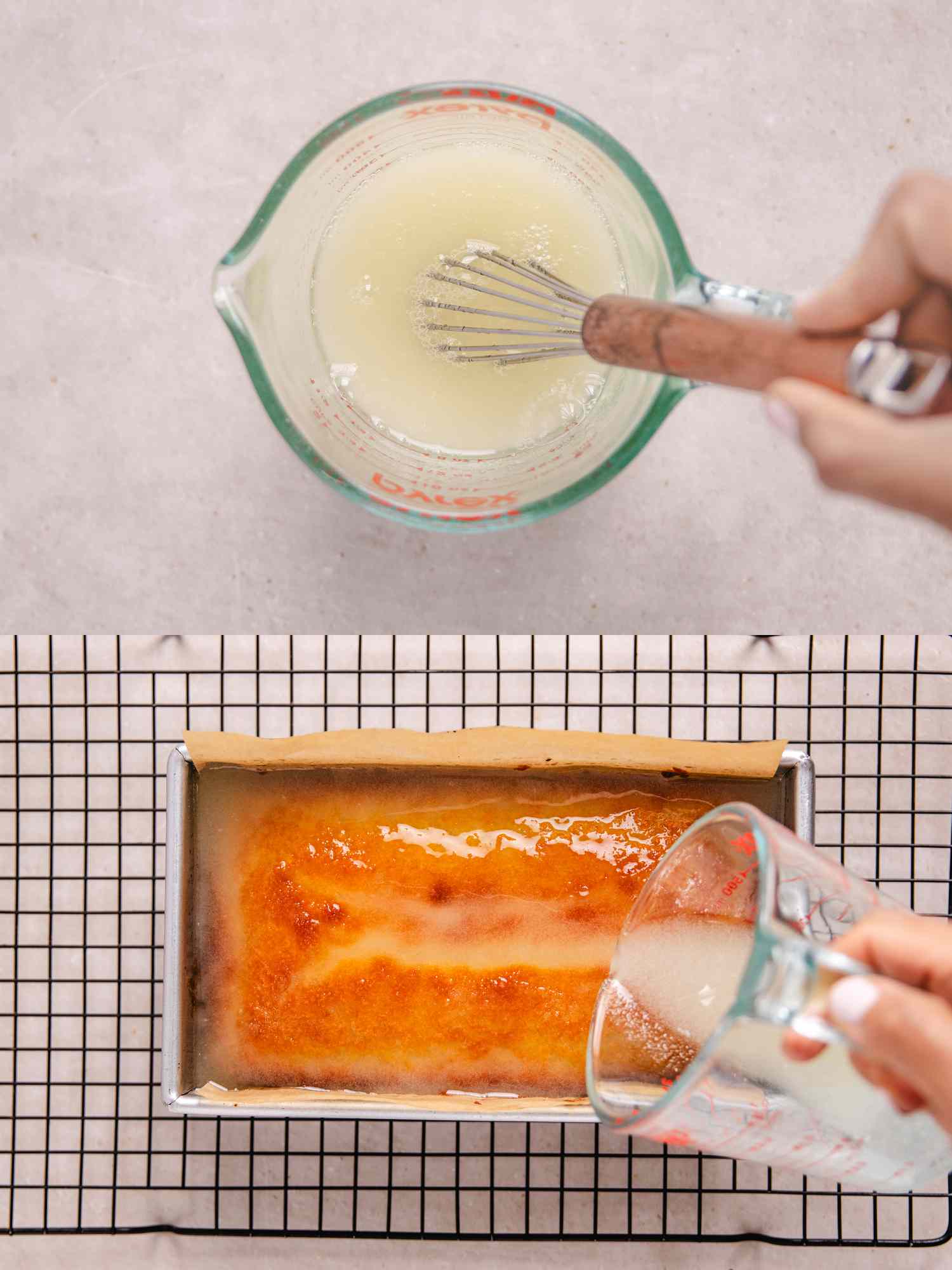 2 image collage. Top: Whisking together sugar and lemon juice in a measuring cup. bottom: pouring lemon syrup over cake on cooling rack