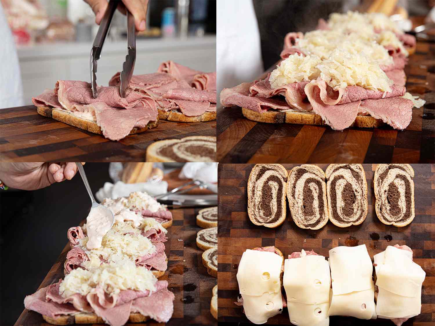 Four image collage of corned beef being added to rye bread then topped with sauerkraut, russian dressing and swiss cheese