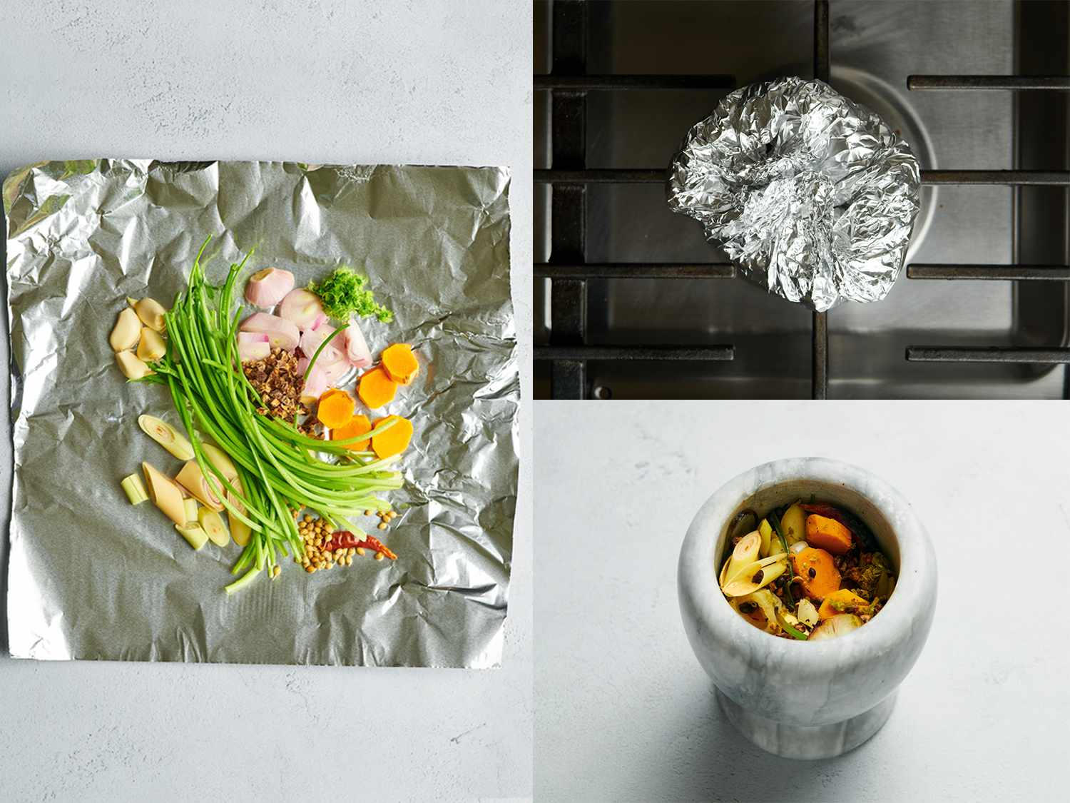 A three-image collage. The leftmost image shows the aromatics on a square of aluminum foil. The top right image shows the aluminum foil bundled up, with the ingredients inside, placed on a stove burner. The bottom right image shows all of the ingredients, which had been cooked in the foil, inside of a mortar where they will be pounded into the curry paste.