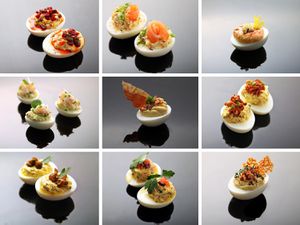 A collage assortment of various deviled eggs. 
