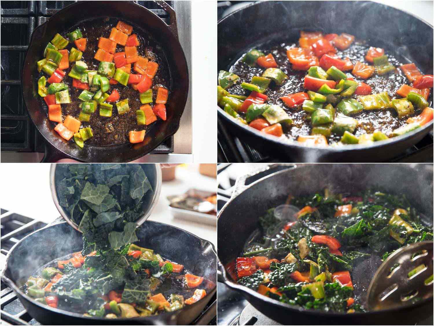A collage of cooking peppers and kale for migas.