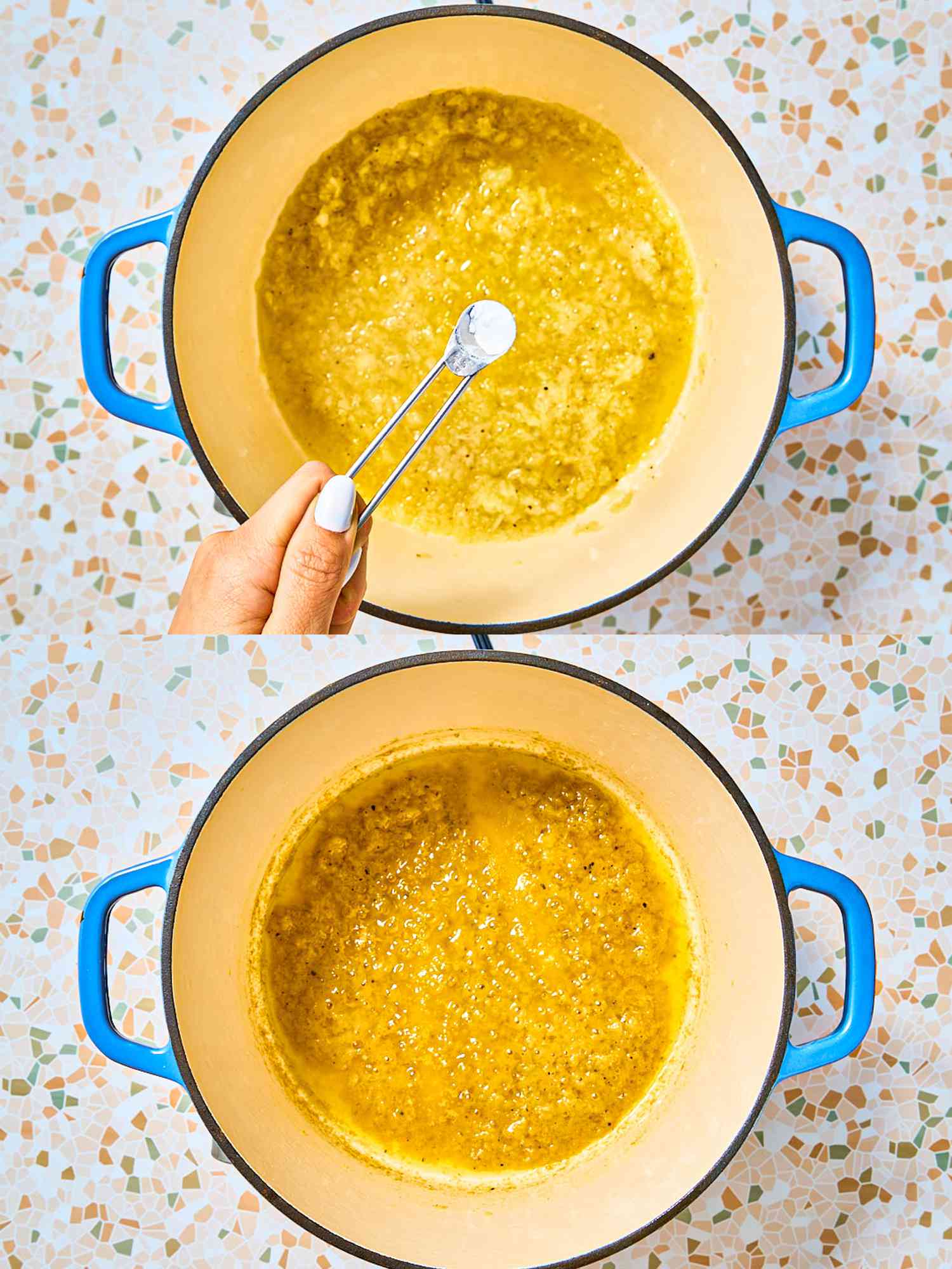 Two image collage of adding baking soda to onions and onions cooked