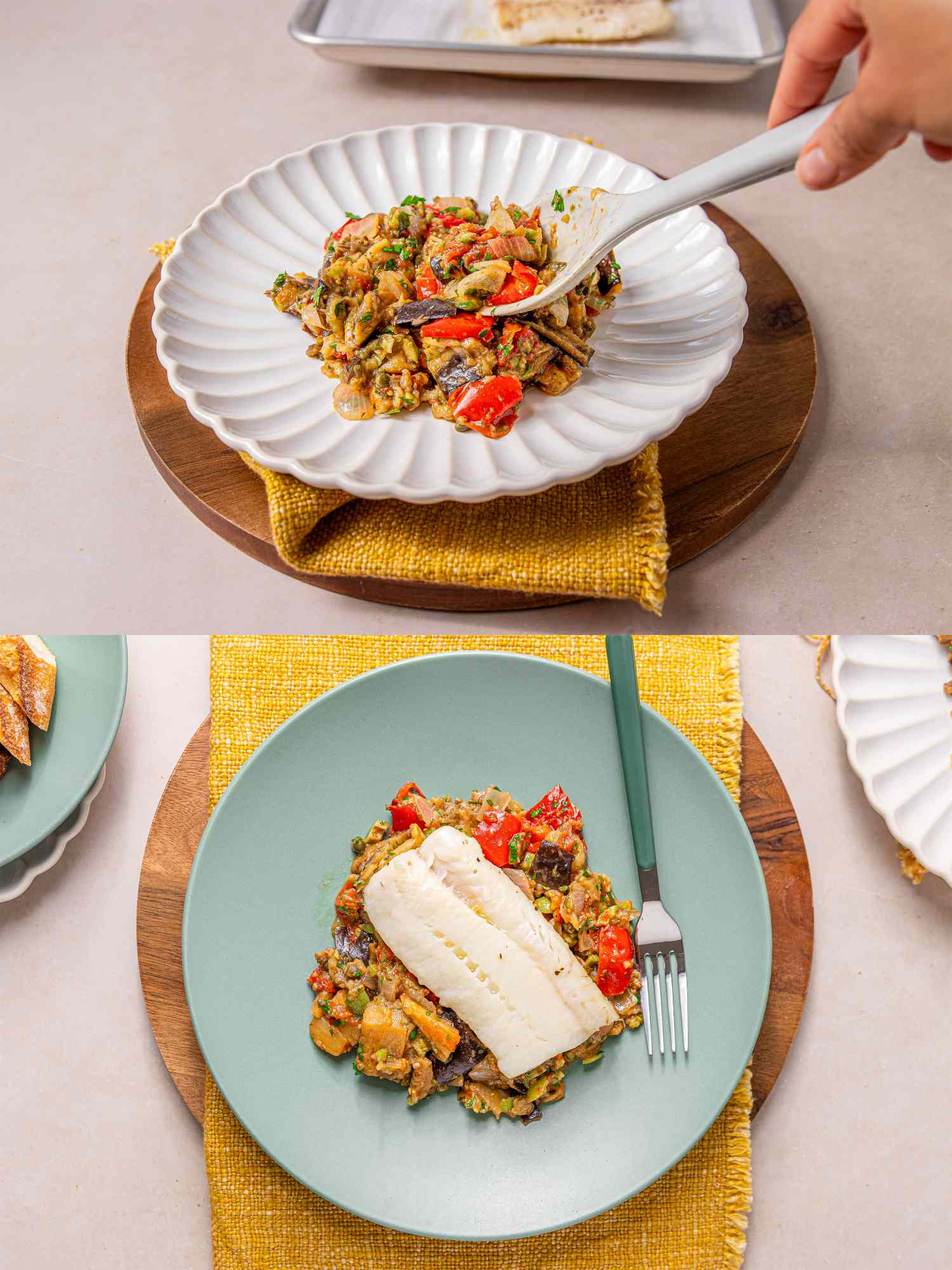 Two plates of cod served on vegetables one being served with a fork