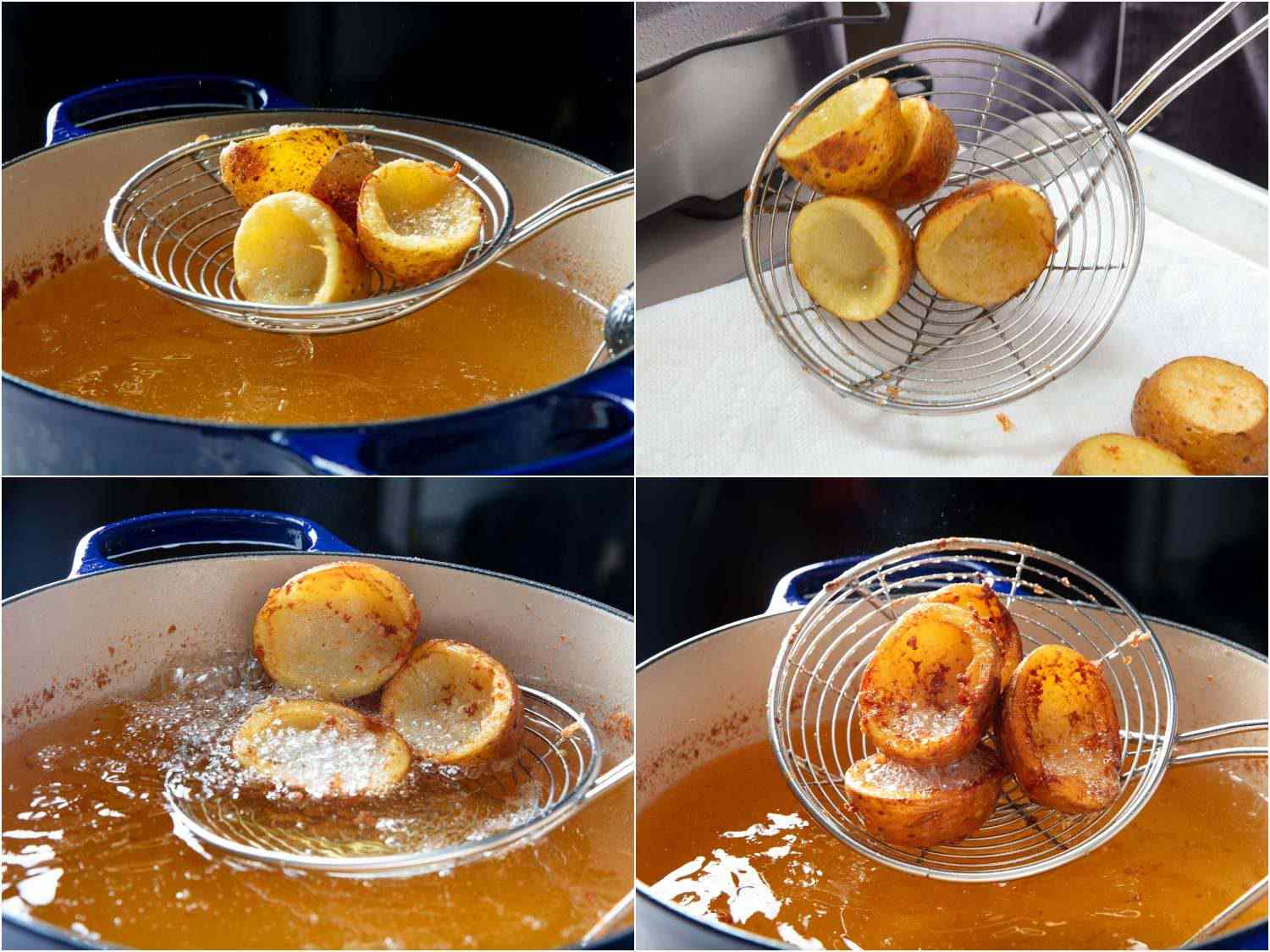 Deep-frying the potato-skin cups in two stages, first for just a minute, the second time until deeply browned and crispy all over
