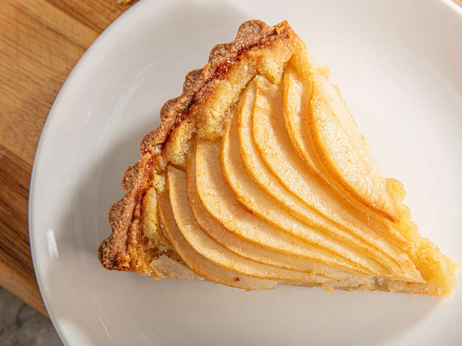 Overhead view of pear tart slice