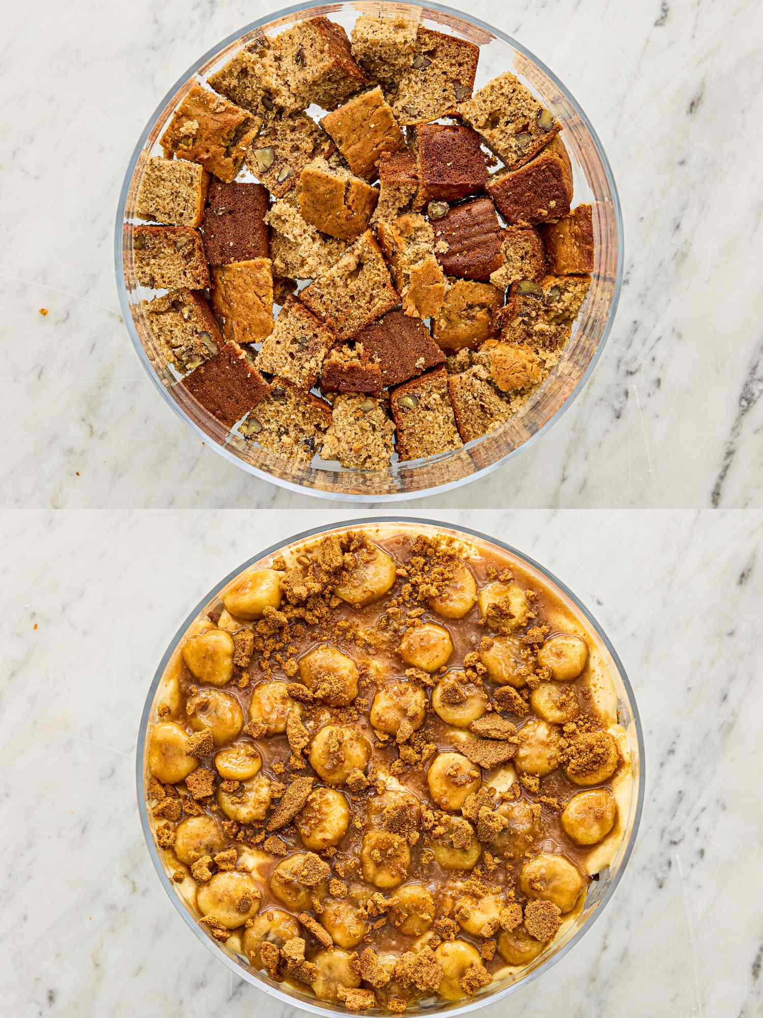 Two stages of making a dessert trifle with layers of banana slices bread chunks and toppings in a glass dish