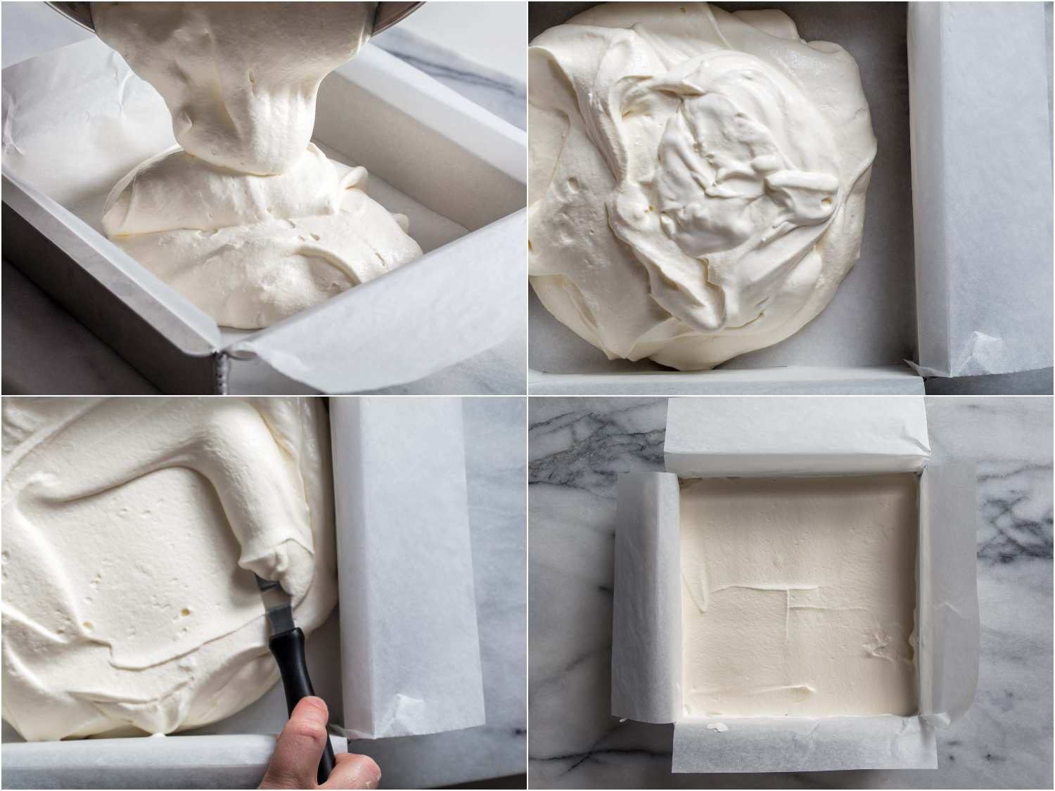 A four-image collage of pouring and spreading no-churn ice cream into pan for homemade Klondike Bars